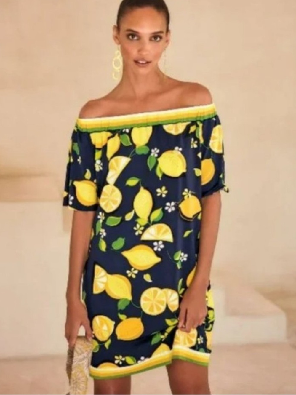 NWT Trina Turk Kelso Lemon Print Off The Shoulder Dress Size S FLAW